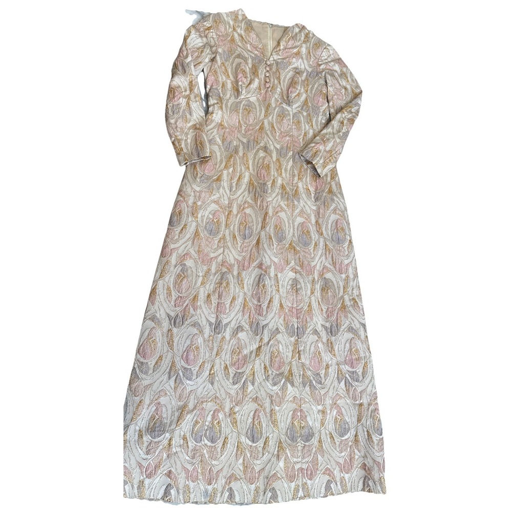 Vintage 1960s Bias Cut Cream Pastel Psychedelic Gold Sparkle Formal Dress XS